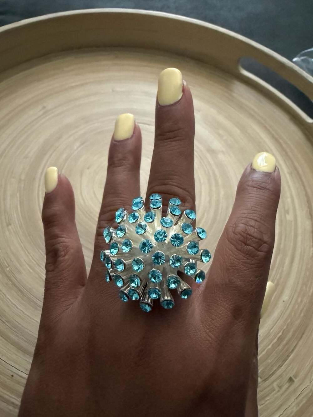 Silver Tone Blue Crystal Starburst Cocktail Ring